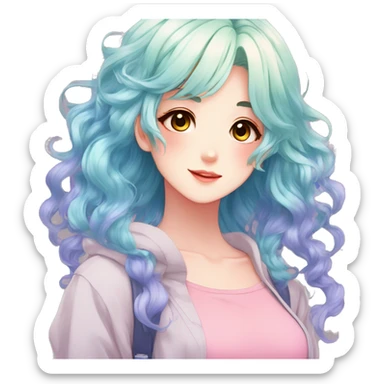Gorgeous anime style shojo character with blushing face aesthetic and pretty colorful shiny gradient pastel hair with hair garment trending style sticker