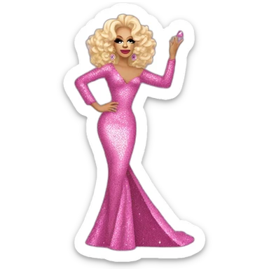 Drag queen Rupaul, curly blonde hair styled swept to the right. Full body, pink sequin dress, posed with left hand on her hip, right hand raised in the air. Iconic, legendary, victorious sticker