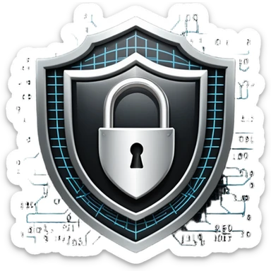 An icon featuring a shield with a padlock, a digital network grid, and binary code, symbolizing cybersecurity. The design includes a hacker’s silhouette, a firewall, and encrypted data flow, representing protection against cyber threats. Transparent background highlights digital security. sticker