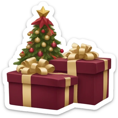 burgundy Christmas gifts under a beige tree sticker
