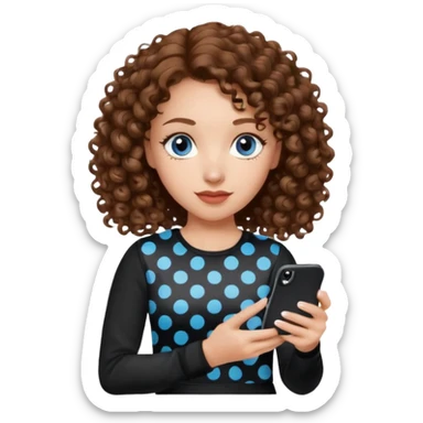 generate a pretty woman with blue eyes, light skin and medium brown curly shiny hair holding an iphone with a black and white polka dot case. she is looking at the phone and holding it in her hand. she is wearing a black long sleeve sticker