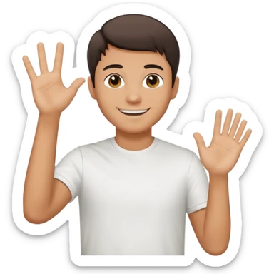 joven bronceado medio pelon oscuro muy cortito polera blanca sonrisa bonita saludando mano arriba sticker