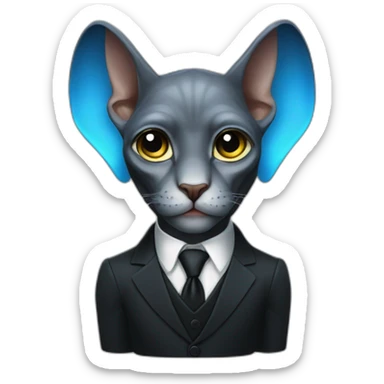 dark grey sphinx with bright blue eyes wearing black suit, calling on banana as phone, portrait sticker