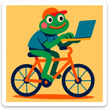 a quirky frog balancing a laptop on a bike, working as it rides, playful and colorful cartoon style sticker