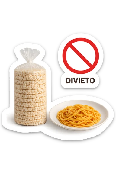 confezione di gallette di riso con accanto un piatto di pasta con divieto sopra, in italiano,  realistici sticker