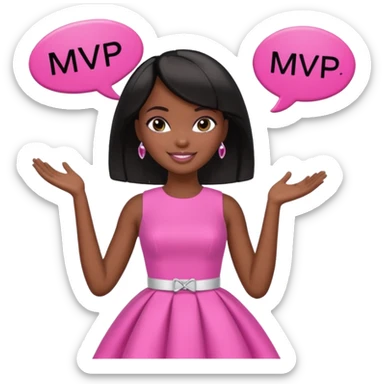 Dark skin Black barbie, short  black bob  hair, pink dress with a sign that says mvp sticker