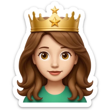 Apple style 3D emoji of a young woman inspired by the Starbucks logo. She has long wavy hair on both sides, a crown with a star on her head, and a soft smile. Smooth, shiny, simple emoji look. sticker