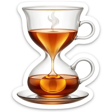 Traditional Turkish tea glass, small clear hourglass shape, filled with hot amber tea on a saucer. sticker