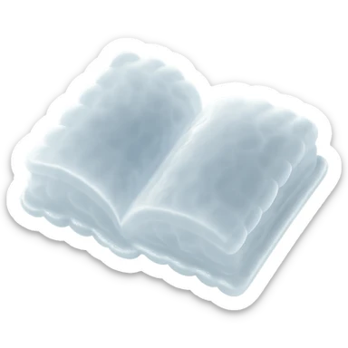 top view of a thick open book made entirely of small, very bright white fluffy convex clouds, matte glass style sticker
