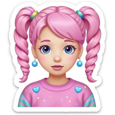 “Emoji girl, pastel pink blush, sparkly wide eyes, glossy bubblegum lips, hair in cute pigtails with colorful clips, wearing oversized pastel sweater.” sticker