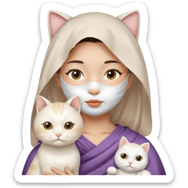 Asian girl with full facial sheet mask pack with one  white cat sticker