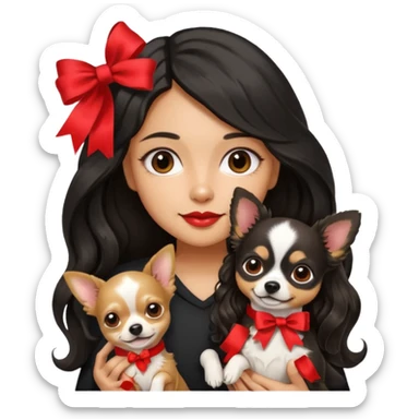 A girl with light to medium skin with olive skin tone, with long black hair with wavy bottom. Holding a chihuahua dog wearing a ribbon sticker
