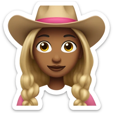 face of light skin, black hair woman with a pink cowboy hat sticker