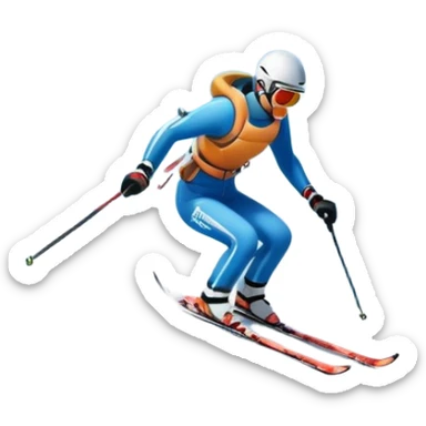 An icon featuring snowy peaks, pine trees, and a picturesque mountain landscape with a skier racing down a snow-covered slope, The sky is blue with soft clouds, capturing the thrill and beauty of alpine skiing. Transparent background highlights the excitement and serenity of winter sports. sticker