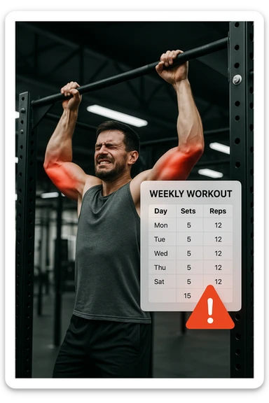 a man in gym attire performs pull-ups on a bar, with his elbows highlighted in bright red to indicate inflammation. A digital overlay shows a weekly training log with high numbers of sets and reps, and a warning icon appears next to the log. The man’s face shows pain and fatigue. The background is a modern gym, emphasizing the link between excessive training volume and injury. scritto in italiano sticker
