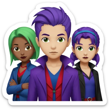 Solo poly platonic relationship, one African girl, one Asian boy, one biracial features Asian tomboy girl rat-tail hair long and upper masculine hair 90s, vampire and marvel cosplay elements inspired  use marvel colours, like instead of obvious human, green purple blue etc,  sticker