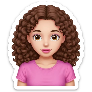 crée moi une jeune fille très belle avec les cheveux bouclés long brune avec un top rose bonbon  sticker