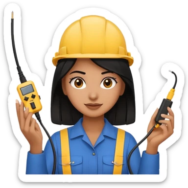 as a beautiful brown girl with black hair  electrical engineer holding electric wires without glasses and emoji style sticker