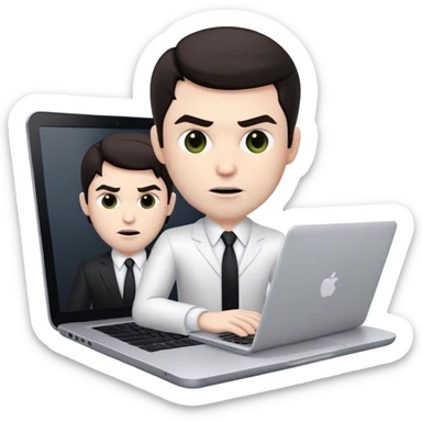 memoji of a white male realtor with a laptop in front, modern, dark hair, evil sticker