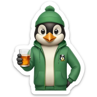 head and shoulders portrait of a friendly anthropomorphised penguin wearing a green mafia-style tracksuit, angry confident scheming expression, holding a glass of whiskey sticker