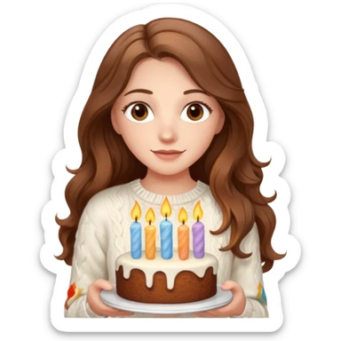 A pretty white girl with hazel brown eyes and long brown wavy hair in a cosy white knit sweater, she is celebrating her birthday sticker