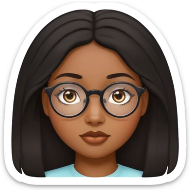femme de 20 ans noire métissée avec les cheveux bouclés, le visage ovale et des lunettes semi rondes et les yeux en amande cheveux plus long et moins gonflés et noir foncé plaquéés avec une raie au milieu  sticker