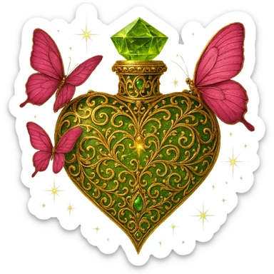 Add elegant, luxurious golden filigree and small gemstone details to the bottle while keeping the original style, shape, and colors exactly the same. The bottle has #c0ff53 green glitter liquid, pink butterflies, magical dust, a crystal neck, and a sharp heart point. Maintain the transparent background as PNG. Enhance the opulence with golden filigree and gemstone details only, without altering any other elements. sticker