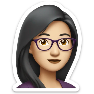 Elegant asian woman in her 40s, wearing rimless spectacles, long hair, slightly plum sticker