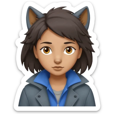 Hobo tomboy with dark brown hair in a wolf cut style, brown eyes, dirty dark grey coat, blue-grey shirt. sticker