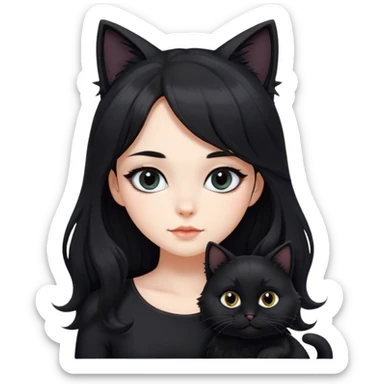 a beautiful girl with long black hair and black furry cat. She is wearing a black dress and has wave-like hair. bigger eyes and the distance between left&right eyes is closer sticker