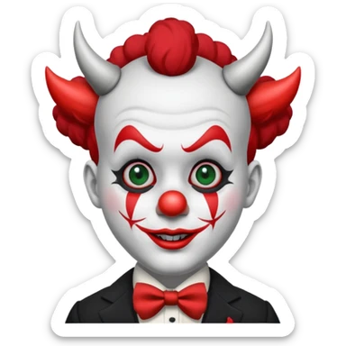 Crea un payaso con cara blanca que tenga en la frente una a en la cabeza, tengo unos cuernos negros y que en el cuerpo tengo un traje negro con rojo sticker