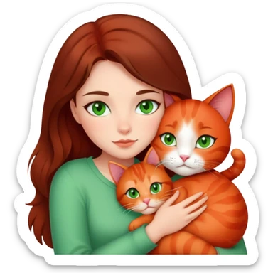 Brunette girl with green eyes snuggling red cat sticker