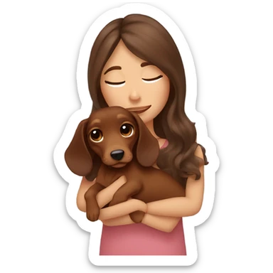 Brown long wavy hair girl cuddling a small brown dachshund sticker