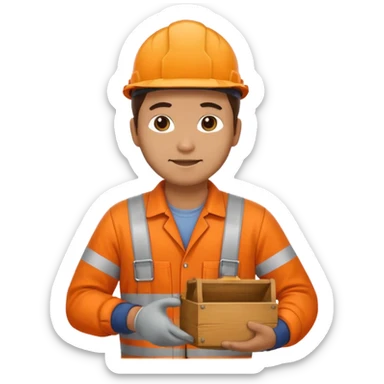 railway engineer, orange overalls carrying a box sticker