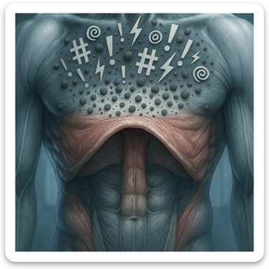 hyper realistic close-up of diaphragm blocking stress particles, anatomical details, tense muscles, stress symbols accumulating above diaphragm, clinical atmosphere, cool tones sticker