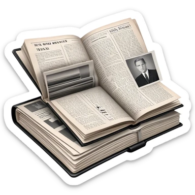 Icon for Non-Fiction & Narrative Reading: an open book with black-and-white photos on the pages, surrounded by a pile of newspaper clippings, and an open folder with top-secret documents. The icon should reflect the blend of real stories and facts in non-fiction literature. Transparent background. sticker