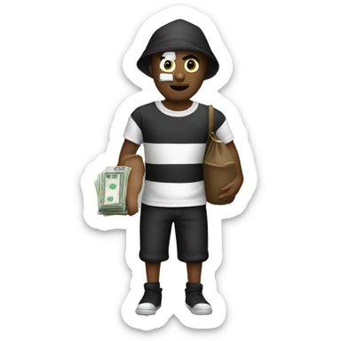 Robber wearing black and white T-shirt and holding bag of money sticker