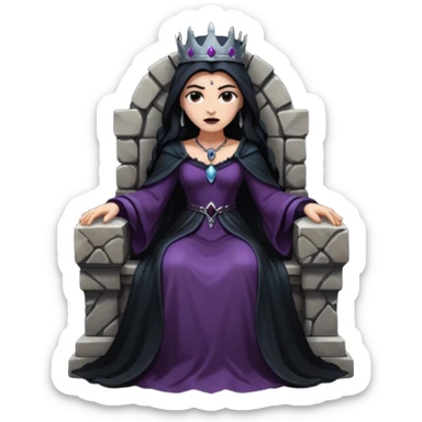 Dark queen seated on stone throne, relaxed dominance, heavy shadows, cold sticker