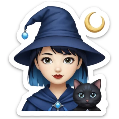 an asian short haired girl with light blue highlighted short raven hair with bangs, with her silver left eye and dark brown right eye, with black cat eyed style eyeliner, and smirk of natural toned lipstick, with dark navy wizard hat with moon emblem on his hat. sticker