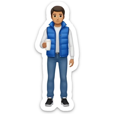 full body man with long sleeve white shirt with blue puffer winter vest with no pockets wearing straight long levi blue jeans with no cuffs and black tennis shoes holding a coffee mug in one hand in front of him and nothing in the other hand sticker
