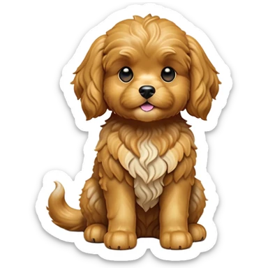 cinematic-[cavoodle dog]-realistic-full-body-sitting-emoji,-tail-resting-loosely-beside-its-paws,-head-tilted-dramatically,-wavy-[solid golden]-fur,-simplified-yet-realistic-focused-features,-highly-detailed,-glowing-with-an-almost-sarcastic-glow sticker