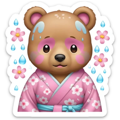 A cute light-brown bear wearing a pastel pink sakura-patterned kimono, normal balanced body ratio.  
Crying heavily with big teardrops streaming down the face, trembling lips and watery eyes.  
Kawaii emoji style, minimalistic clean sticker illustration, white background. sticker