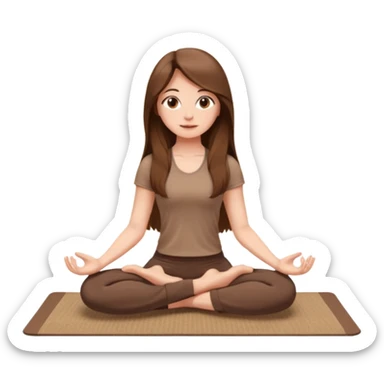 Brown long hair, white skin European girl sitting on a beige rug doing yoga, brown clothes sticker