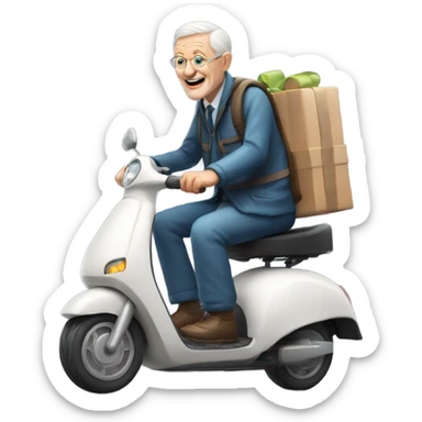 Old white man on e-scooter delivering a cake sticker