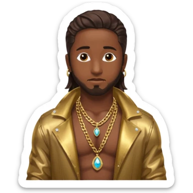 Omarion with long dark brown hair, shirtless with necklace, metallic bronze jacket sticker