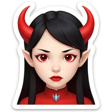 Head only demon girl; face with pronounced cheekbones and angular jaw; skin is uniform pure red (#FF0000) everywhere; long straight smooth black hair; small horns sticker
