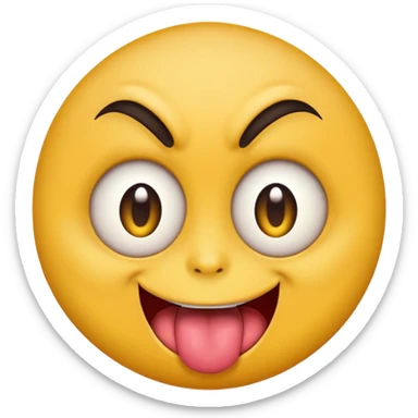 A yellow round face emoji smirking with its tounge out but the eyes are evil and kind of crazy and only one of the eyebrows is raised and the other eyebrow is lower and normal sticker