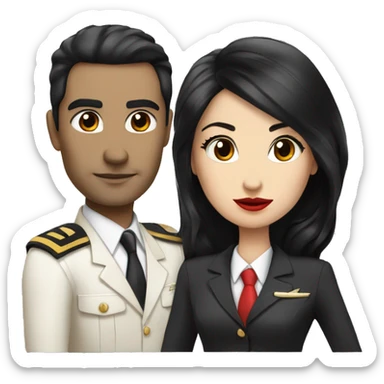 Flight attendant with long black hair, red lips and white skin with a pilot man with beige skin and black hair sticker