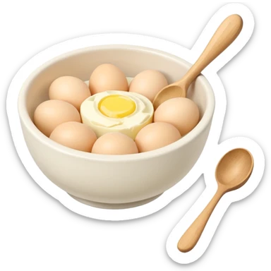 a dozen eggs, a ceramic mixing bowl with a wooden spoon and a plate of butter sticker