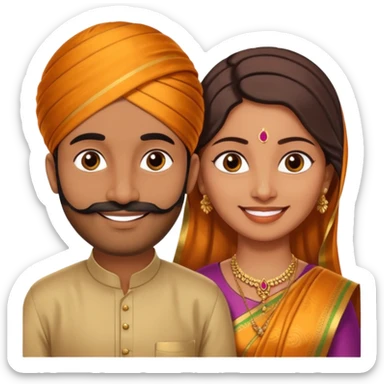 Brown colored South Indian Husband with wheatish colored South Indian wife where Husband does not wear a turban and wife wears a Silk Saree sticker